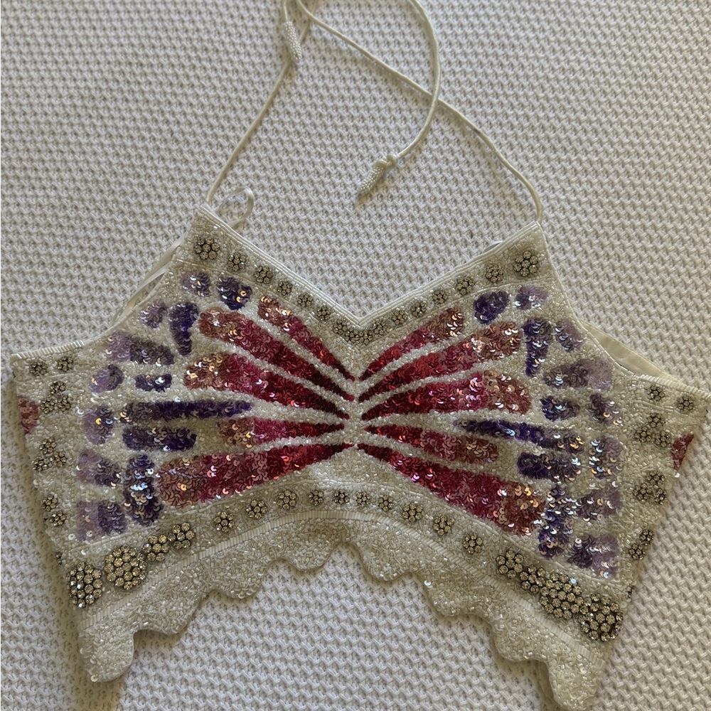 Retrofete Cream Sequin Beaded Halter Crop Top with Pink and Purple Accents - Picture 4 of 4